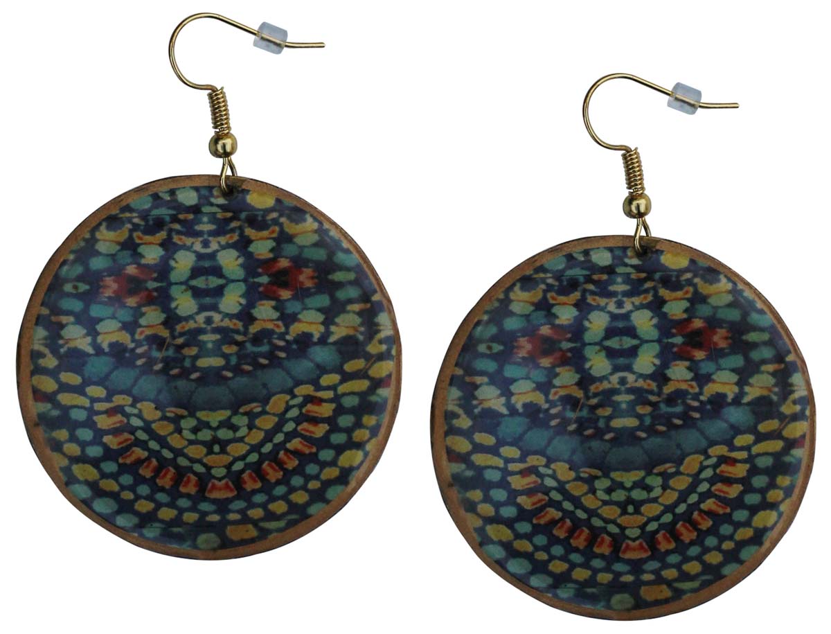 2.5” Pair of Round Hook Earrings in Brass - Blue Abstract Pattern - Drop Earrings / Women Fashion Jewelry - Buy in Bulk Wholesale